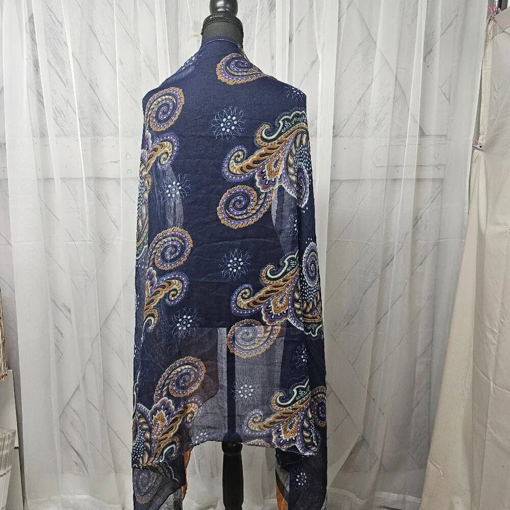 Unbranded Blue Orange Paisley Semi-Sheer Fringed Boho Scarf Shawl